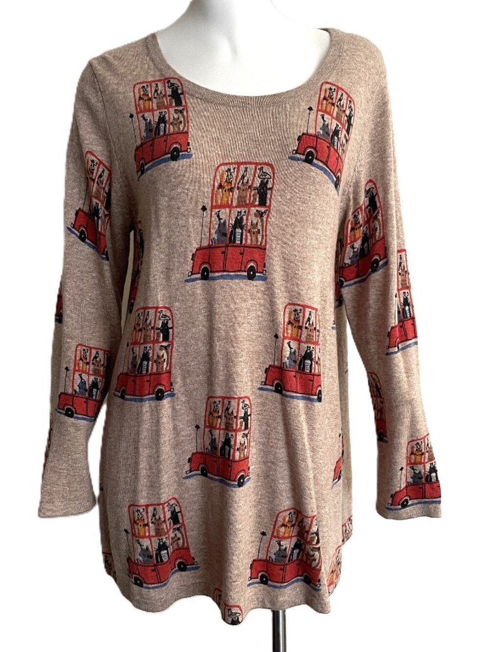 Shana Sweater Tunic Top Small Round Neck Pullover Cat Print Double Bus Bird AOP